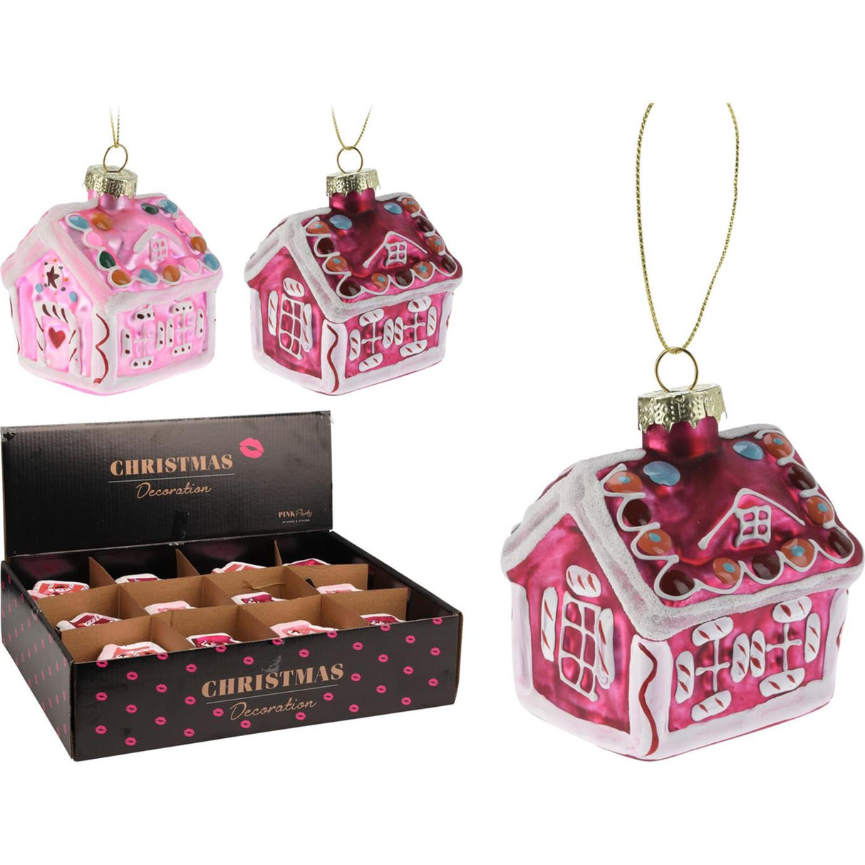 Kersthanger huisje roze glas 8cm 2 assorti display a 12 stuks