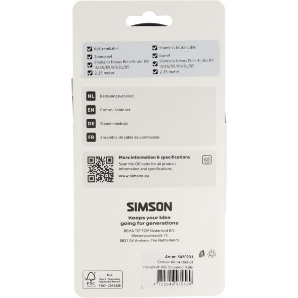 Simson remkabelset compleet rvs shimano rollerbrake zwart
