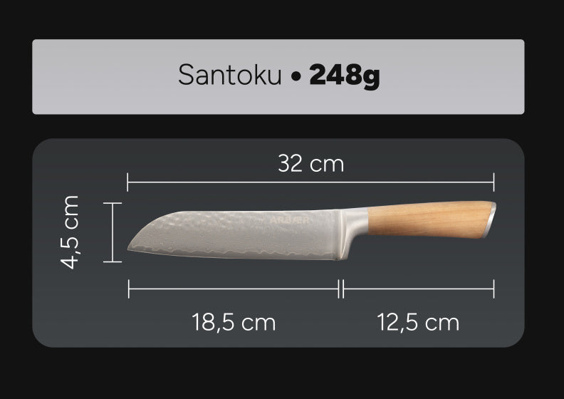 Arbaer Santoku-Kochmesser 18,5 cm, Damaststahl, Griff aus Olivenholz, japanisch