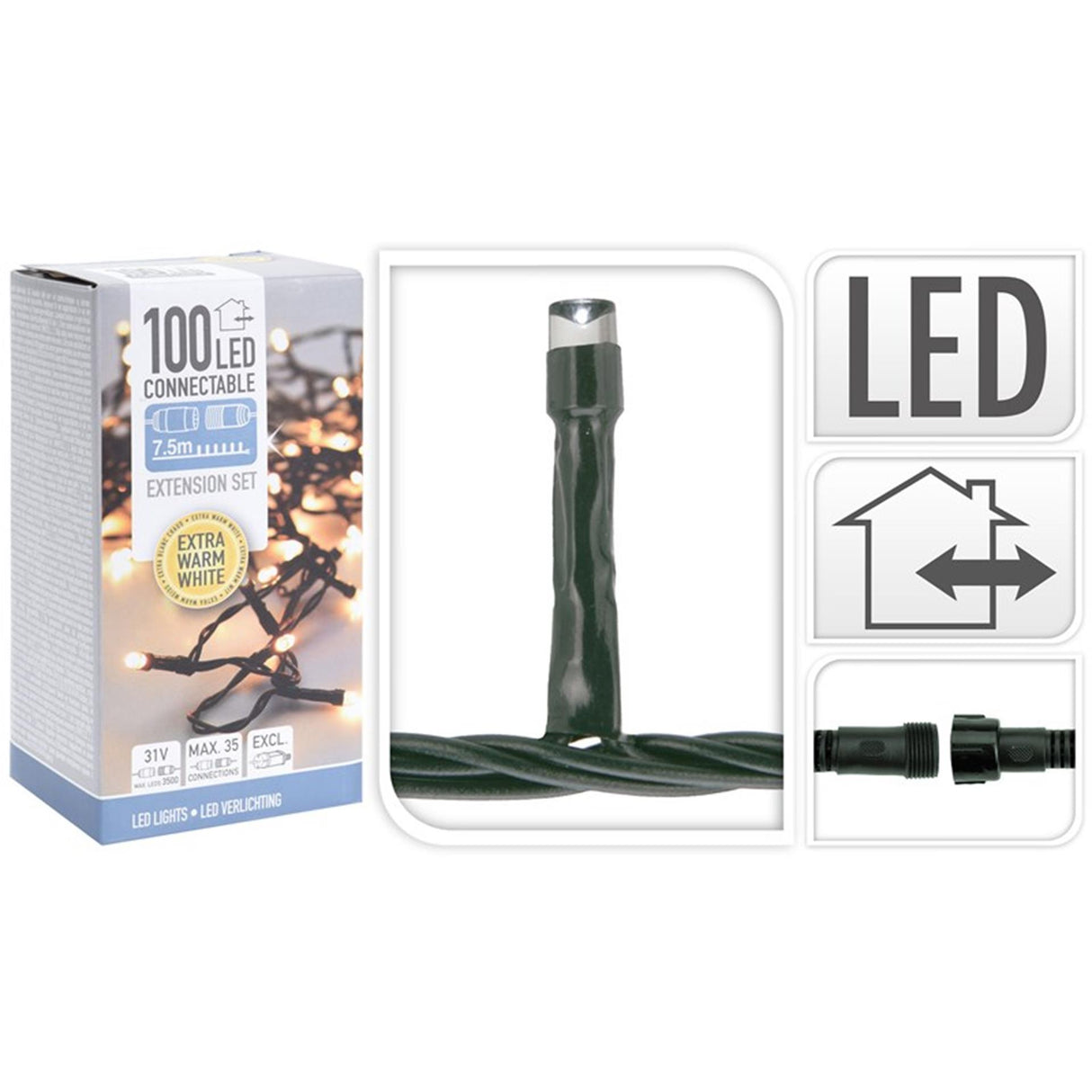 Home styling koppelverlichting 7,5 meter met 100 led lampen extra warmwit verlengset 31v (exclusief 31v startsnoer, zie 114149)