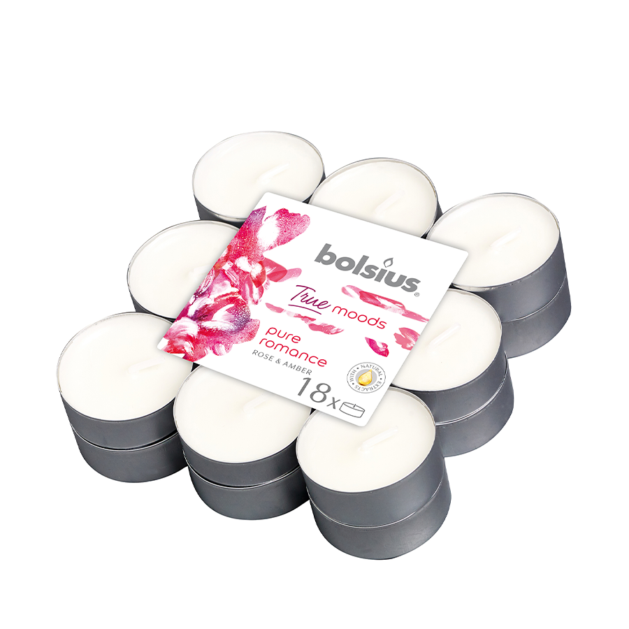 Bolsius True Moods Duftteelicht Pure Romance Rose und Amber 18 Stück