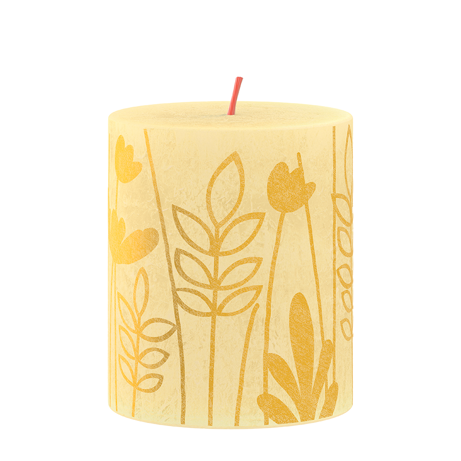 Bolsius Silhouette Stumpenkerze Buttergelb mit Aufdruck 8x6,8 cm