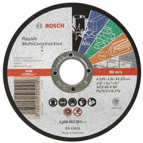 Bosch Zubehör Trennscheibe gerade Rapido Multi Construction ACS 46 V BF, 125 mm, 22,23 mm, 1,6 mm – 1 Stück – 2608602383
