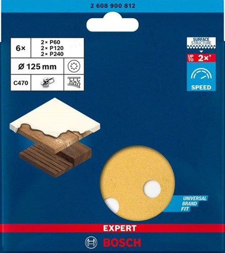 Bosch Zubehör Expert C470 Schleifpapier für Exzenterschleifer 125 mm, 8 Löcher, K60 120 240 6-teilig – 2608900812