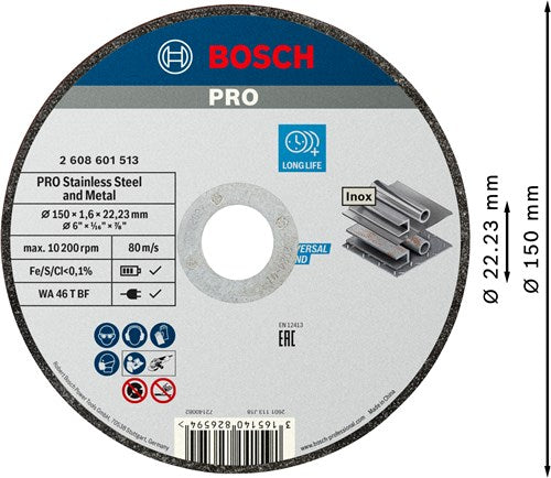 Bosch Zubehör Pro Edelstahl- und Metallgebundene Trennscheibe | 150 x 1,6 x 22,23 mm | gerade - 2608601513