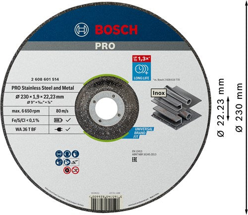 Bosch Zubehör Pro Edelstahl- und Metallgebundene Trennscheibe | 230 x 1,9 x 22,23 mm | mit vertiefter Mitte - 2608601514