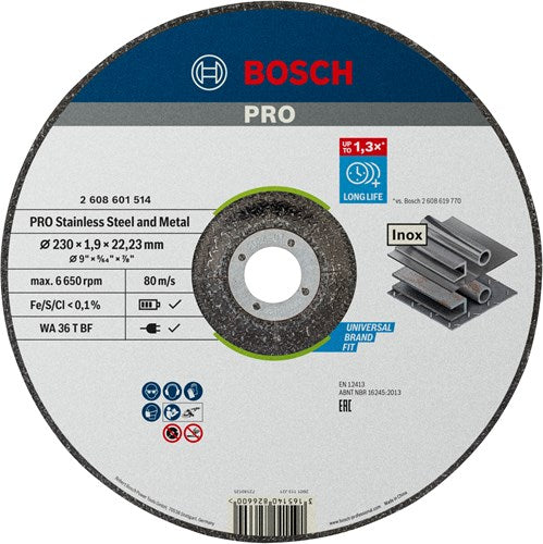 Bosch Zubehör Pro Edelstahl- und Metallgebundene Trennscheibe | 230 x 1,9 x 22,23 mm | mit vertiefter Mitte - 2608601514