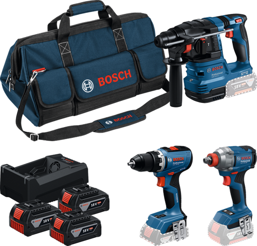 Bosch Blue Battery Toolkit 3 Toolkit 18 V GSR 18 V-65 + GDX 18 V-285 + GBH 18 V-22 | 3x GBA 18V 5,0Ah + Ladegerät Gal 12V-18V-80 - 0615A50093