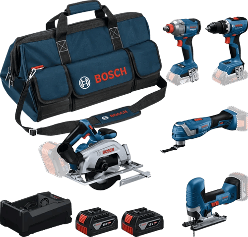 Bosch blauer Akku-Werkzeugsatz 5-fach 18 V | GSR 18V-65 + GDX 18V-285 + GKS 18V-57-2 + GoP 18V-34 + GST 18V-125 S | inkl. 2x GBA 18V 5,0Ah + Ladegerät - 0615a500bv