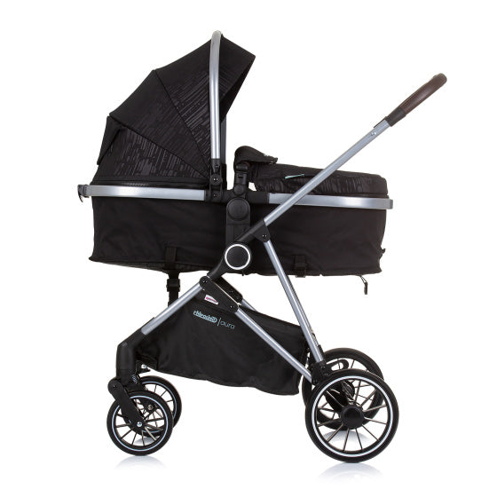 Chipolino Aura faltbar 3-in-1-Kinderwagen mit Windelbeutel Obsidian Schwarz Silber