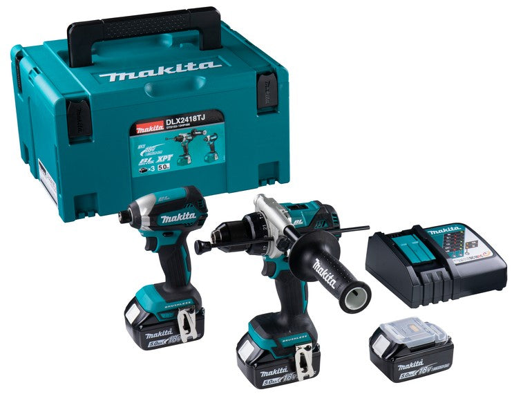 Makita dlx2418tj Kombiset für schwerere Bohr- und Schraubarbeiten | dhp486 und dtd153 | 3 x 5,0 Ah Akku und Schnellladegerät – dlx2418tj