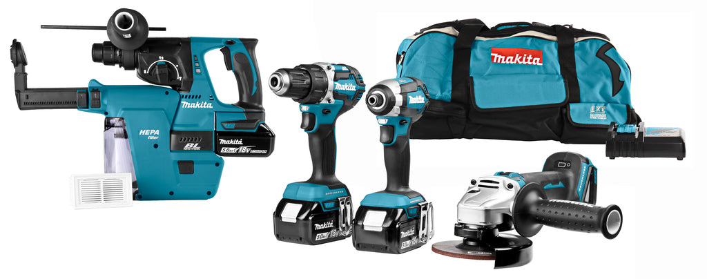Makita dlx4103w 18 V Kombi-Set für Allround-Bohr-, Schraub- und Schleifarbeiten, 3x 5,0 Ah Akkus – dlx4103w