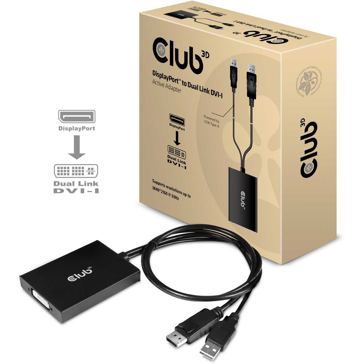 Club 3D DisplayPort-zu-Dual-Link-DVI-I-Aktiv-Adapter (schwarz, DisplayPort-zu-Dual-Link-DVI-I-Aktiv-Adapter)