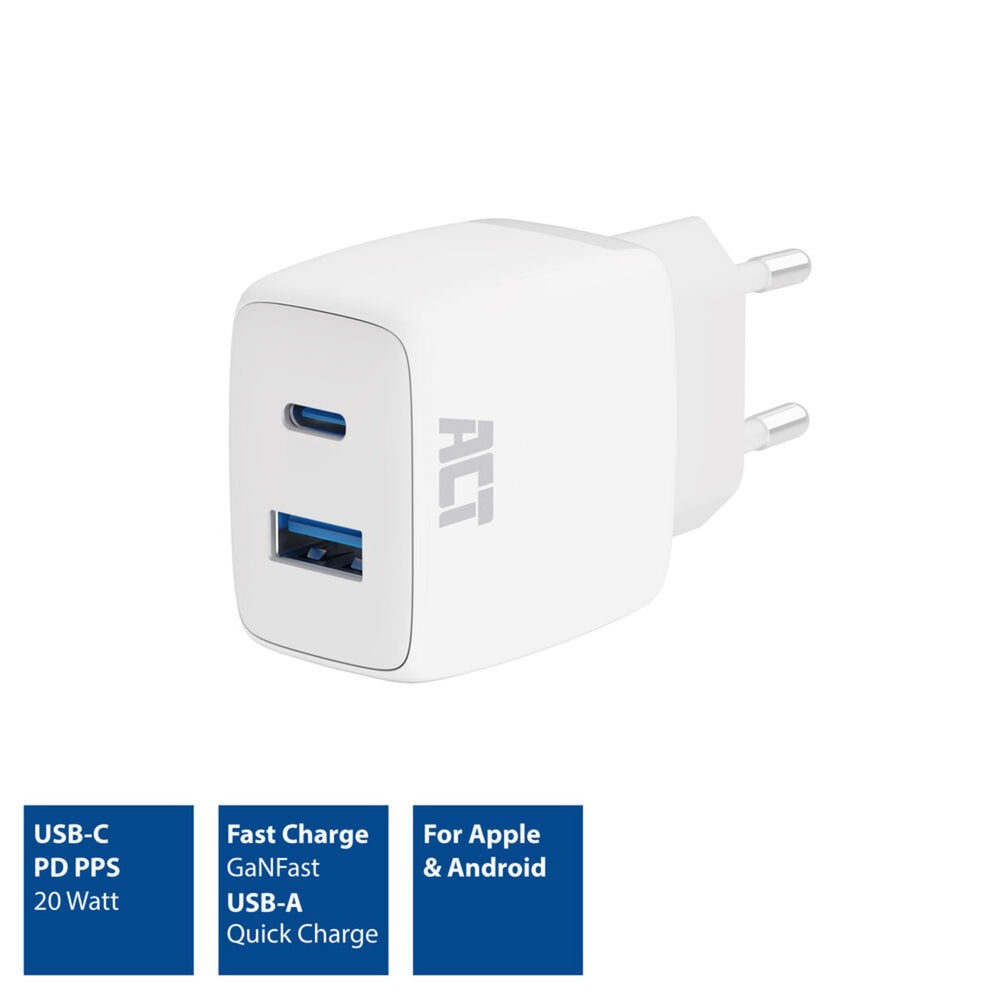Act USB-C USB-A-Ladegerät 20 W PD PPS, Schnellladung, Ganfast