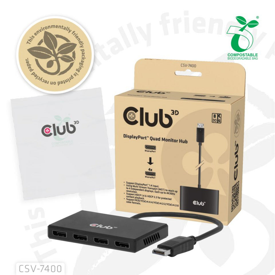 Club 3d displayport quad monitor hub mst 4x 4k30hz displayport splitter (zwart)
