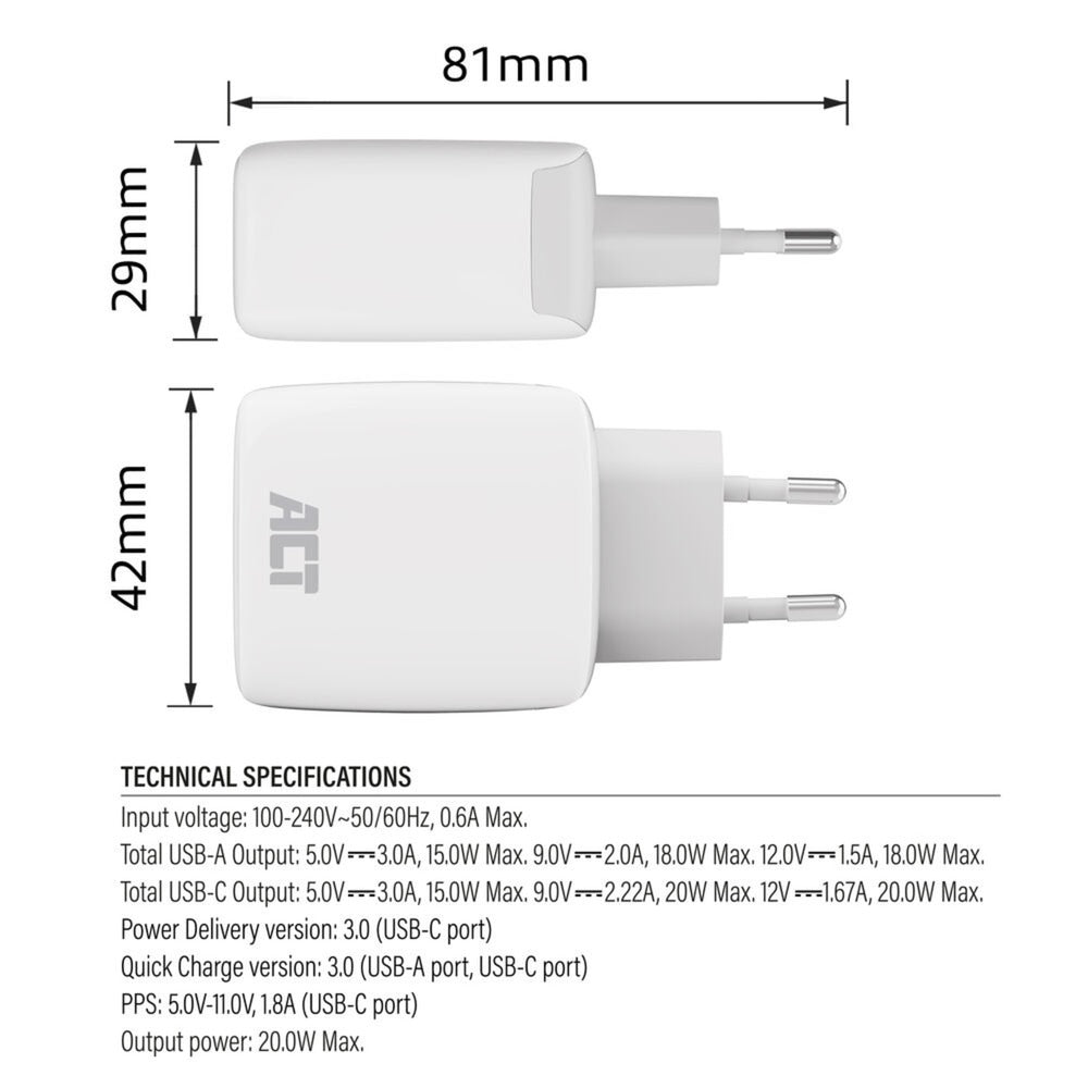 Act USB-C USB-A-Ladegerät 20 W PD PPS, Schnellladung, Ganfast