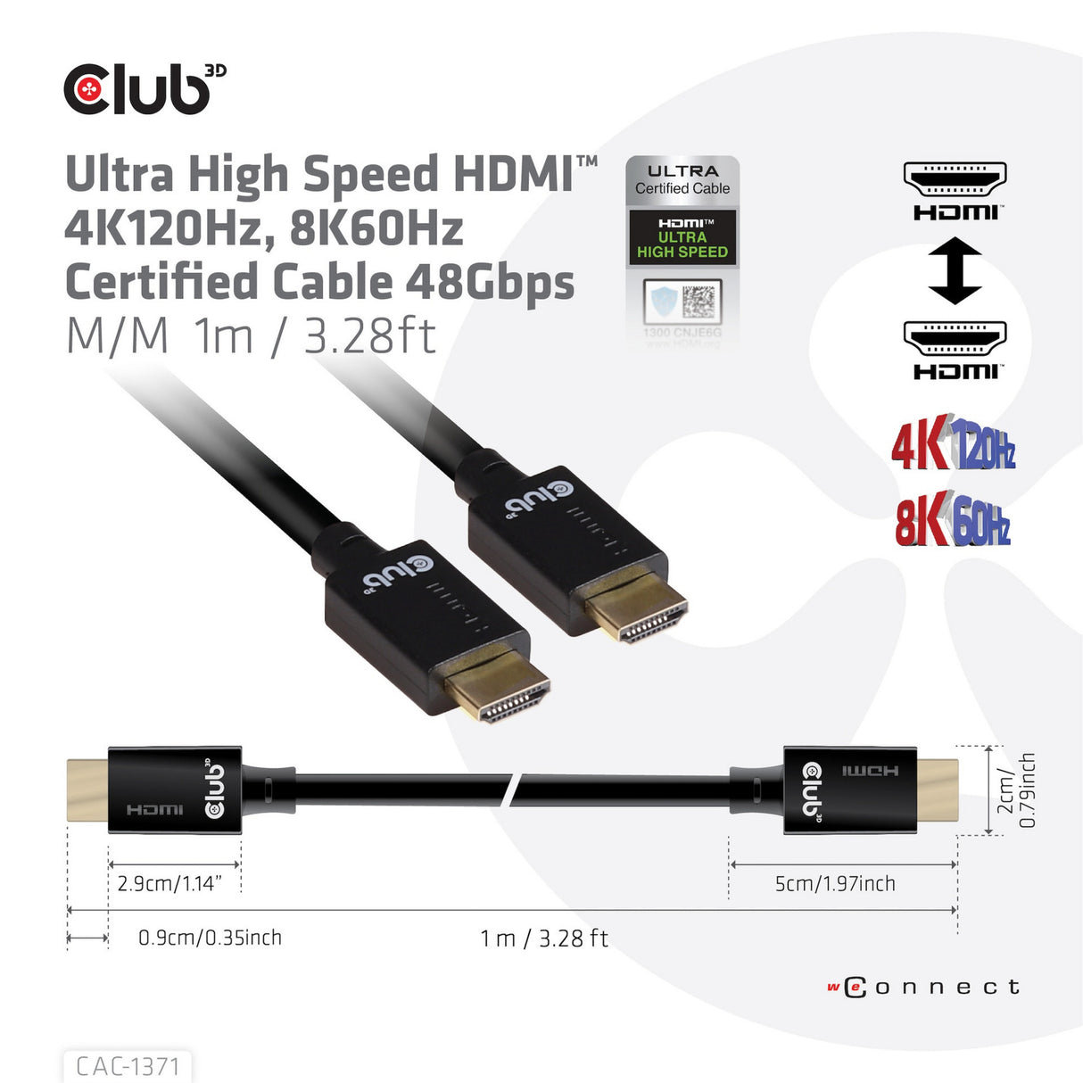Club 3D Ultra-High-Speed-HDMI-Kabel (schwarz, 1 Meter, 4K 120 Hz, 8K 60 Hz, 48 Gbit/s)