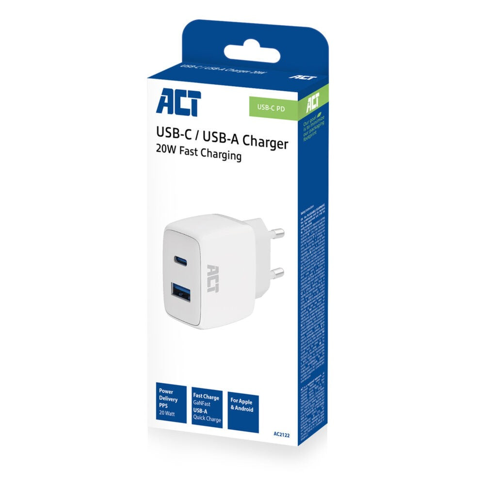 Act USB-C USB-A-Ladegerät 20 W PD PPS, Schnellladung, Ganfast