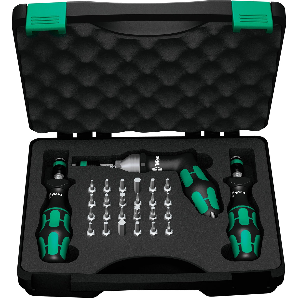 Wera 7440 41 42 Kraftform Drehmomentschraubendreher-Set 0,3-6,0 nm (schwarz grün, 27-teilig, mit Rapidaptor Schnellspannbohrfutter)