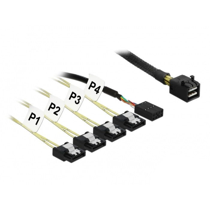 Delock mini SAS HD SFF-8643 > 4x SATA 7 Pin Reverse + Sideband Kabel (schwarz, 0,5 Meter)