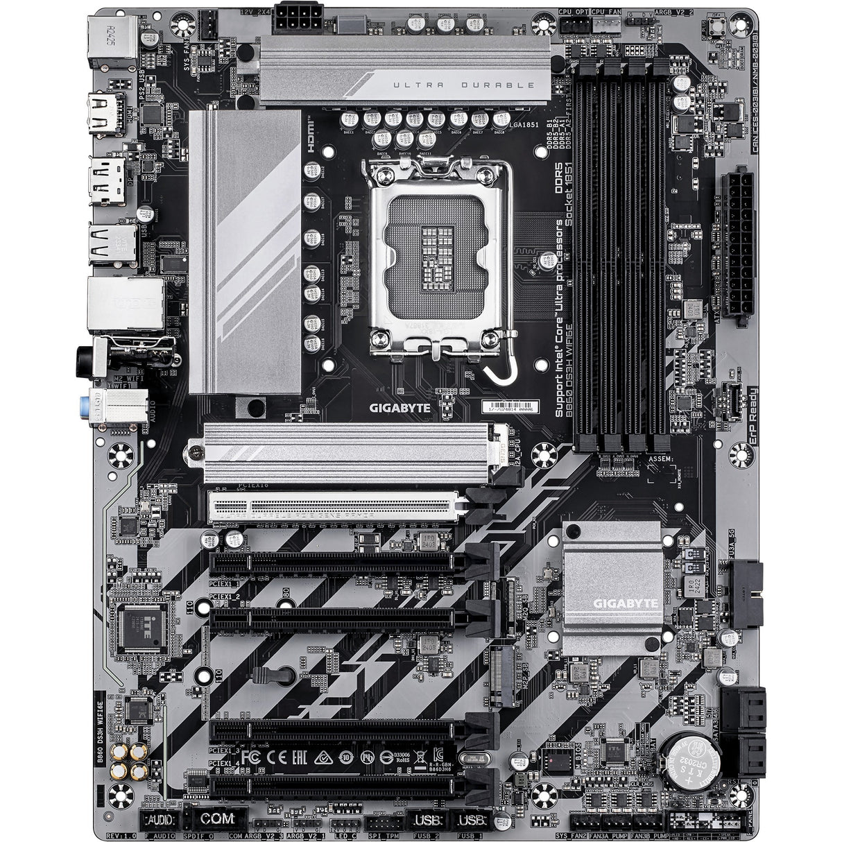 Gigabyte B860 DS3H WiFi 6E Sockel 1851 Mainboard (Silber Schwarz, RAID, 2,5GB-LAN, WiFi 6E, BT, Sound, ATX)