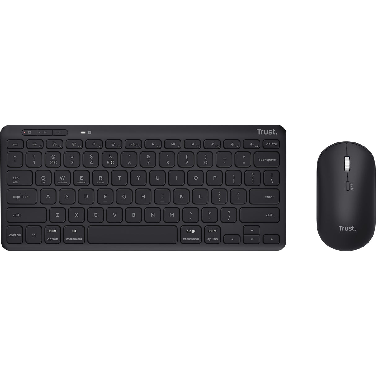 Trust Lyra kabelloses Multi-Device-Tastatur-Maus-Desktop-Set (schwarz, US-Layout (QWERTY), Scherenschalter, 65 %, 800–1.600 dpi, 2,4 GHz USB, Bluetooth)
