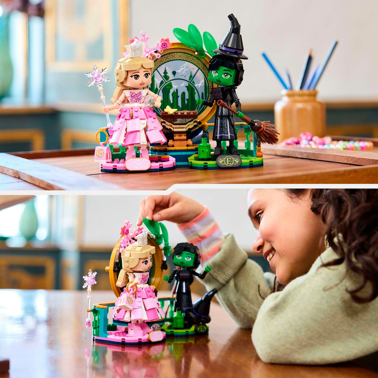Lego 75682 böse Elphaba- und Glinda-Figuren