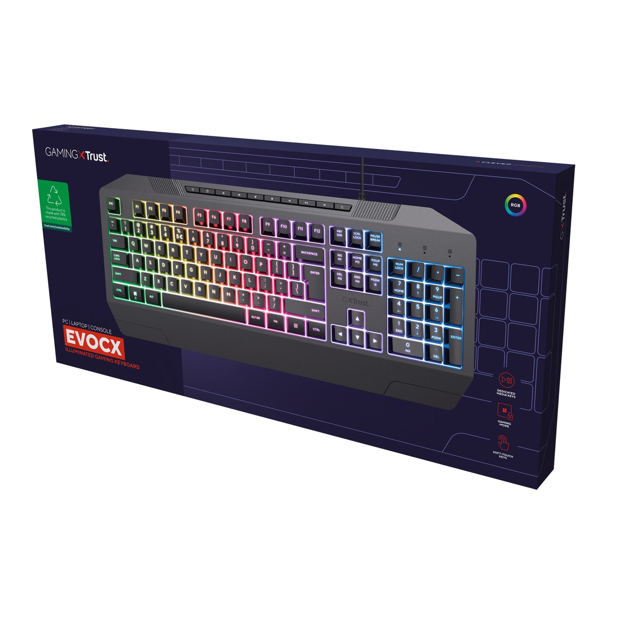 Trust GXT 836 EVOCX RGB-Gaming-Tastatur (schwarz, US-Layout (QWERTY), Membran, 100 %, RGB)