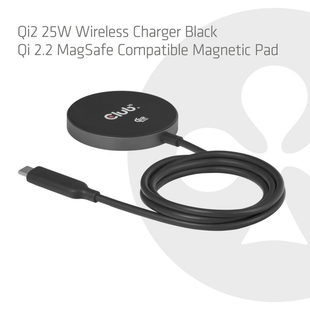 Club 3d cac-3027 qi2 25w draadloze oplader (zwart, qi-gecertificeerd, magsafe-compatibel, magnetisch pad)