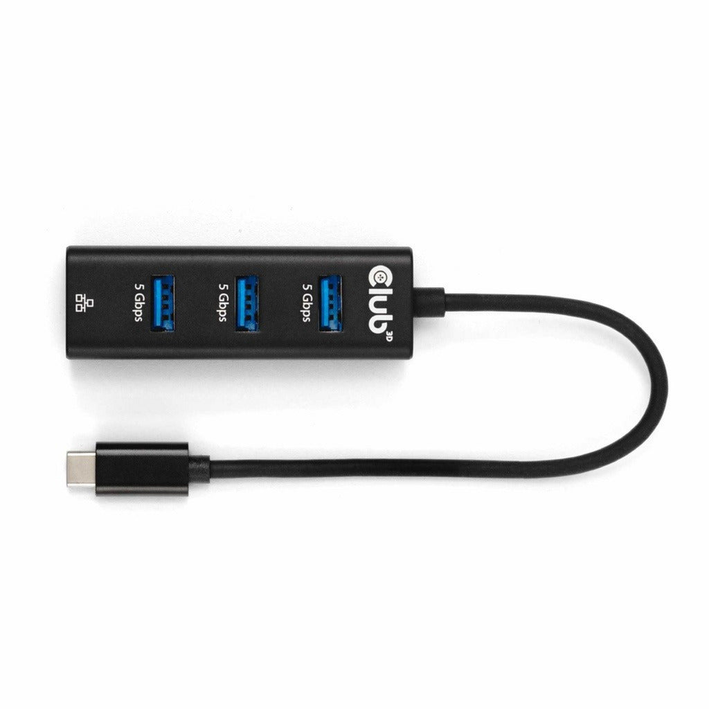 Club 3d usb-c 5 gbps naar 3 poorten usb type-a-hub met gigabit ethernet adapter (zwart)