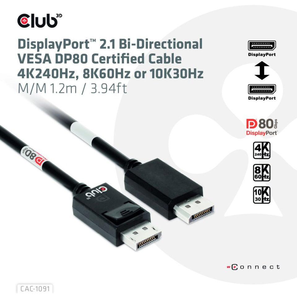 Club 3D DisplayPort 2.1 Vesa DP80 zertifiziertes Kabel Stecker-Stecker (Schwarz, 1,2 Meter, 4K 240 Hz, 8K 60 Hz, 80 Gbit/s)