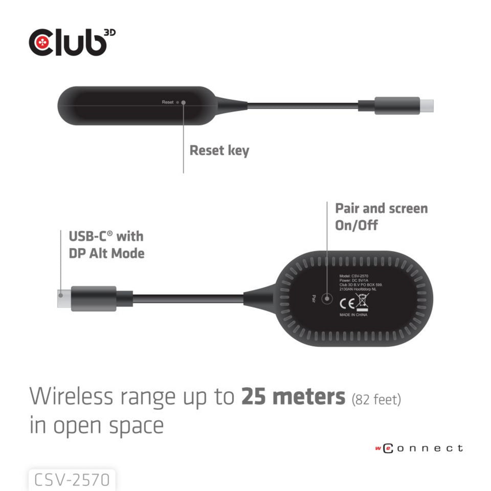 Club 3D Kabelloser USB-C-zu-HDMI-Sender- und Empfängeradapter (Schwarz)