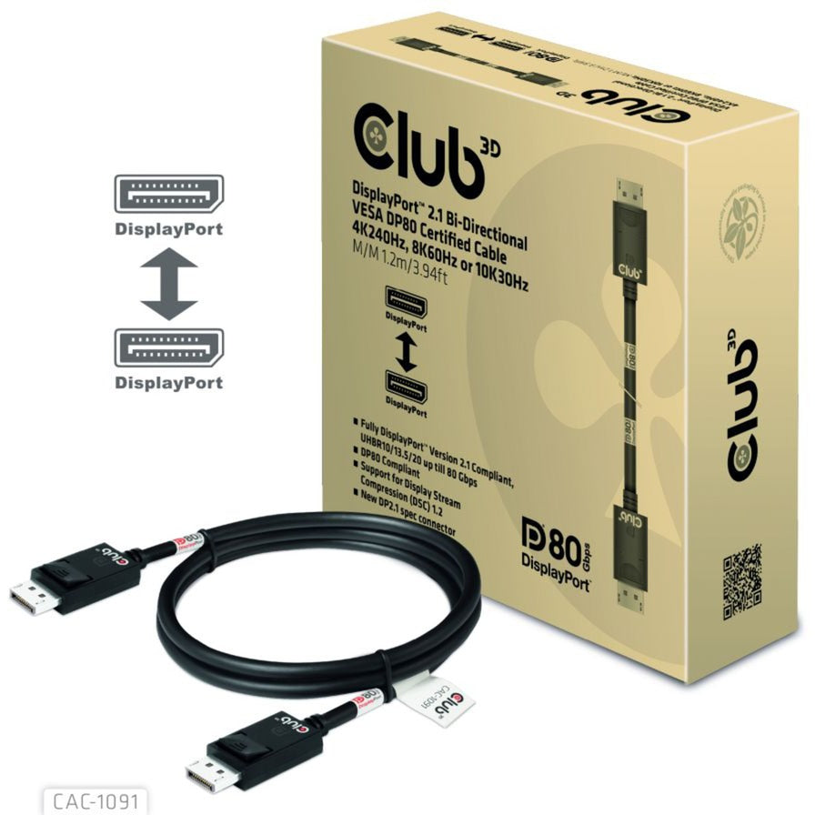 Club 3D DisplayPort 2.1 Vesa DP80 zertifiziertes Kabel Stecker-Stecker (Schwarz, 1,2 Meter, 4K 240 Hz, 8K 60 Hz, 80 Gbit/s)