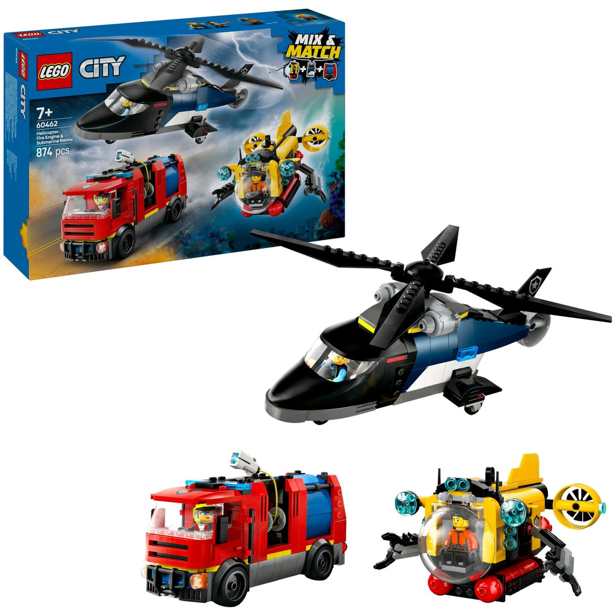 Lego City 60462 Helikopter, Feuerwehrauto und U-Boot-Remix