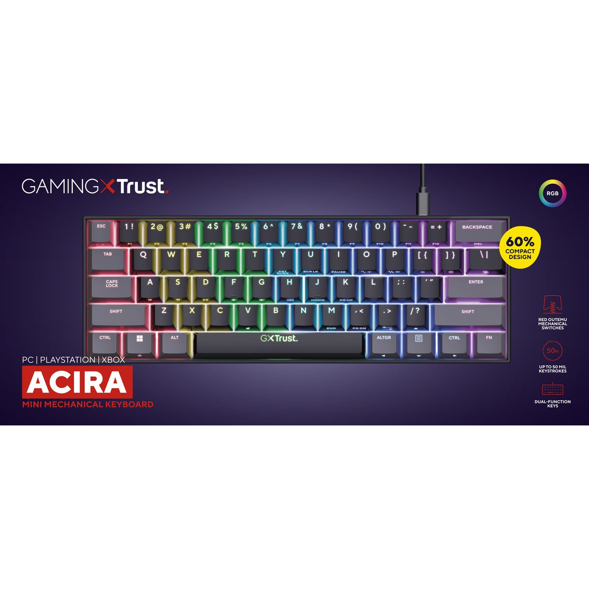 Trust GXT 867 Acira 60 % mechanische Mini-Gaming-Tastatur (Schwarz, US-Layout (QWERTY), Outemu Red, 60 %, RGB)