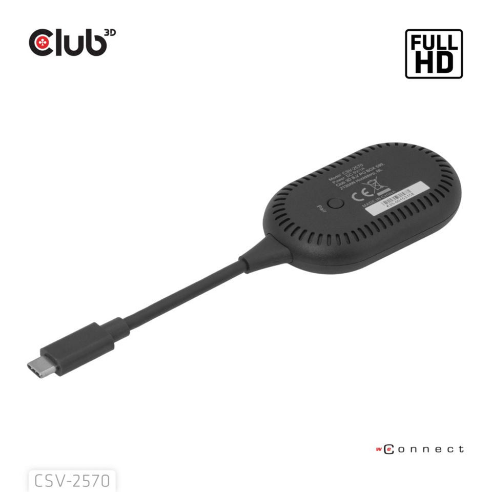 Club 3D Kabelloser USB-C-zu-HDMI-Sender- und Empfängeradapter (Schwarz)