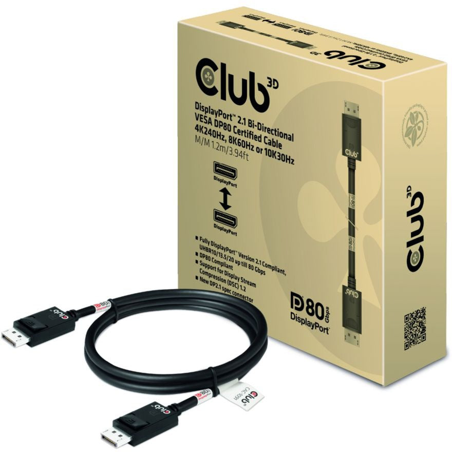 Club 3D DisplayPort 2.1 Vesa DP80 zertifiziertes Kabel Stecker-Stecker (Schwarz, 1,2 Meter, 4K 240 Hz, 8K 60 Hz, 80 Gbit/s)