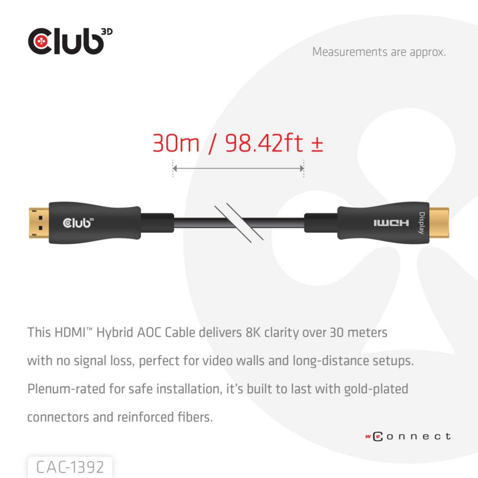 Club 3d hdmi hybride aoc kabel 8k60hz 4k120hz 30m (zwart)