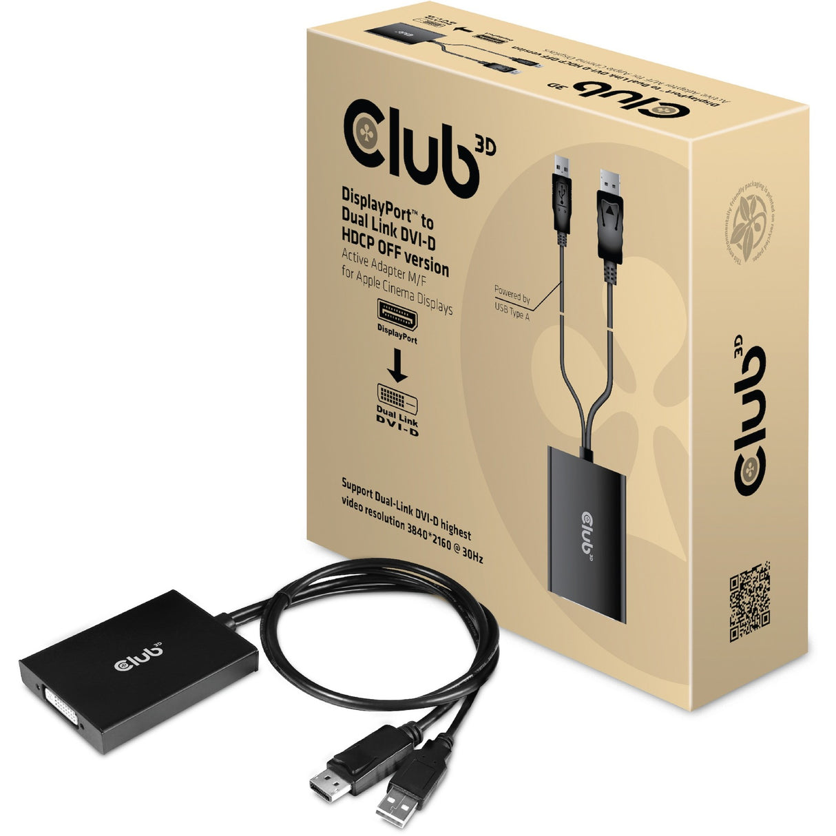 Club 3D DisplayPort auf Dual Link DVI-D HDCP Off Version Aktiver Adapter für Apple Cinema Displays (Schwarz)