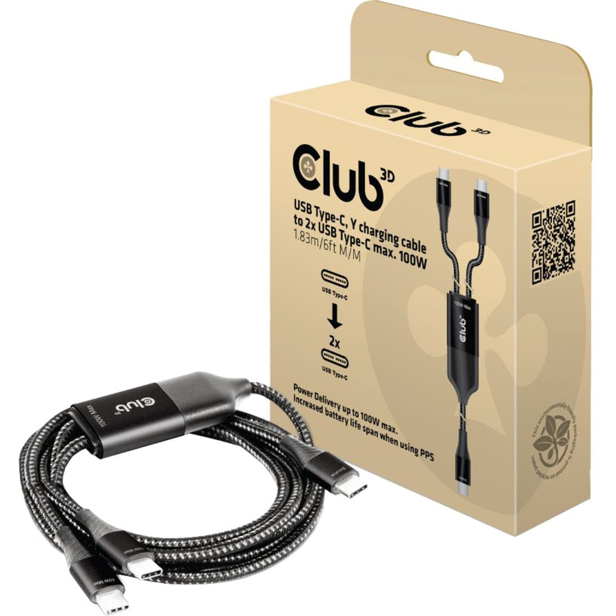 Club 3D USB Typ-C, Y-Ladekabel auf 2x USB Typ-C Splitterkabel (schwarz, 1,83 Meter, max. 100 W)