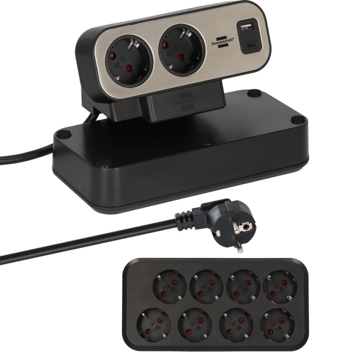 Brennerstuhl brennerstuhl®estilo Duplex-Steckdose, 1x USB C, 1x USB A, 10x Schutzkontaktsteckdosen, Silber Schwarz - 1153580200
