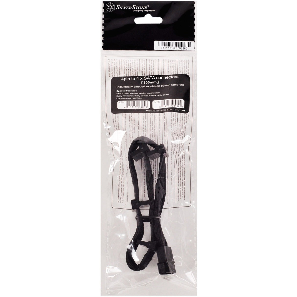 Silverstone-Adapter 4-Pin Molex > 4x 15-Pin SATA (schwarz, PP07-btsb)