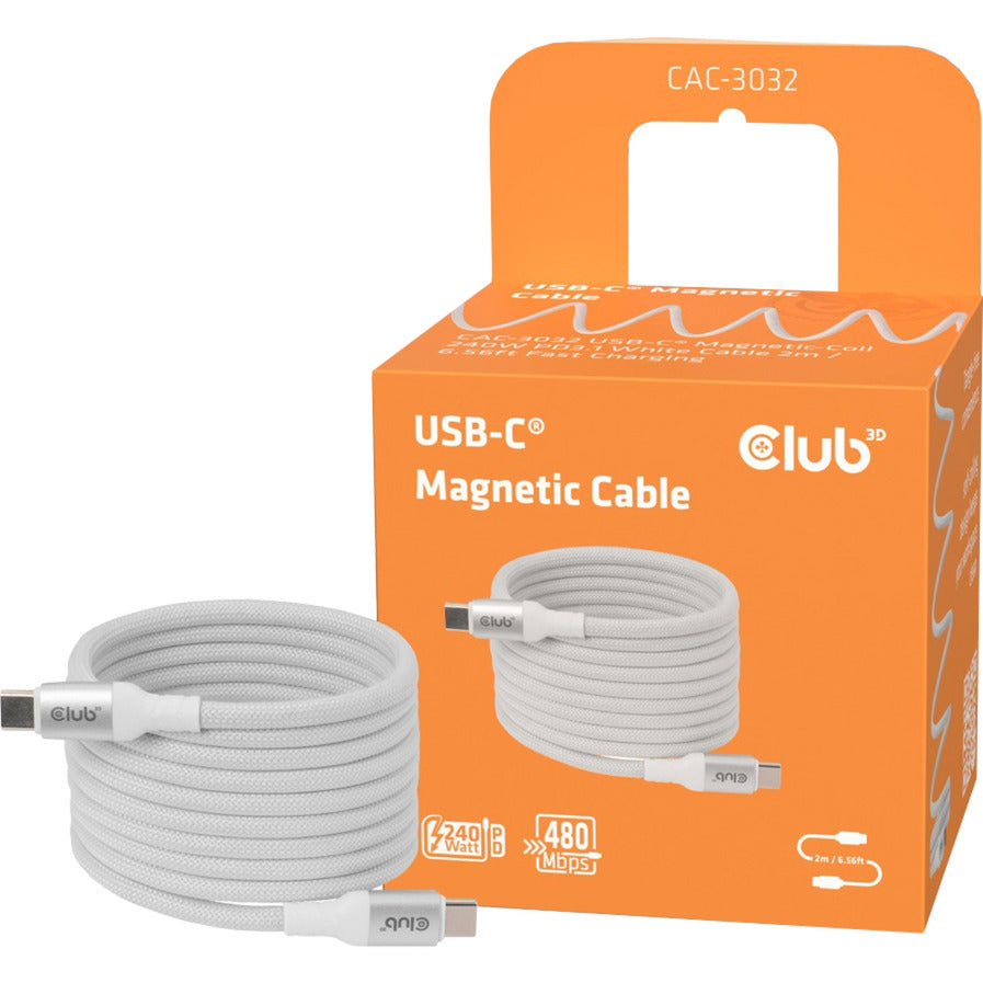 Club 3D USB-C Magnetspule 240 W PD3.1 weißes Kabel, 2 Meter Kabel (weiß)