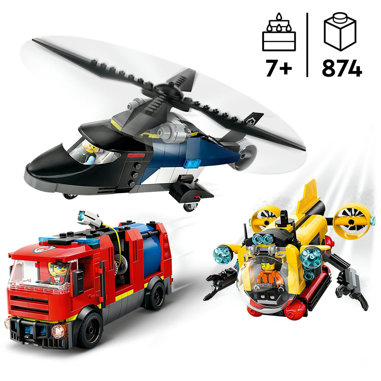 Lego City 60462 Helikopter, Feuerwehrauto und U-Boot-Remix