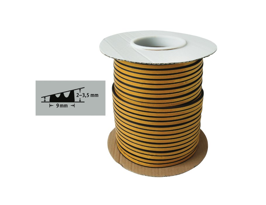 Fix-o-moll Zugluftstreifen – E-Profil – 100 m x 9 mm – 1–3,5 mm – schwarz