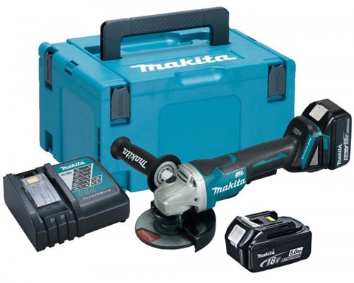 Makita dga508rtj 18 V Winkelschleifer 125 mm 5,0 Ah Akku (2 Stück), Schnellladegerät, Mbox, mit Sicherheitsschalter