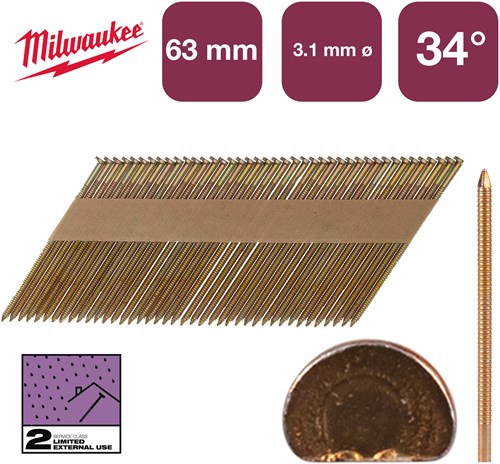 Milwaukee accessoires nagels d-kop 34° 63x3,1mm rs g sc2 | 2.200 stuks - 4932492609