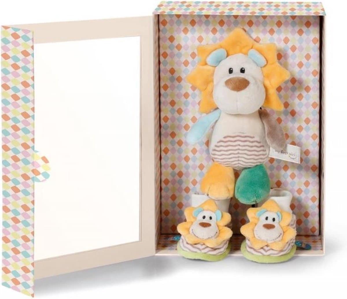 Van der Doelen Nici Stofflöwe mit Babyschuhen in Geschenkbox