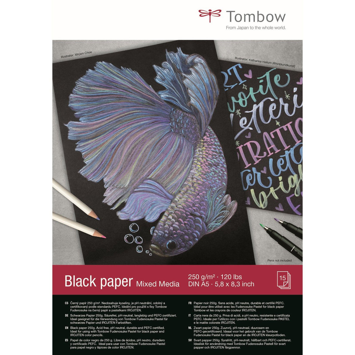 Tombow • schwarzes Papier DIN A5 (14,8 x 21 cm), 15 Blatt, 250 g m² (120 lbs), schwarz