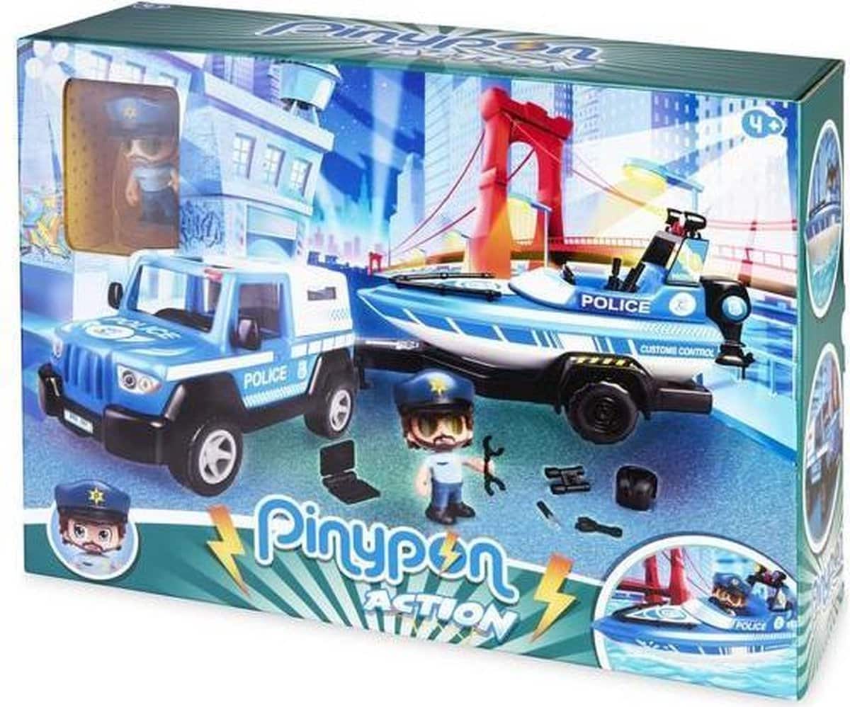 Famosa Pinypon – Polizeiauto mit Anhänger, Boot und Spielfigur